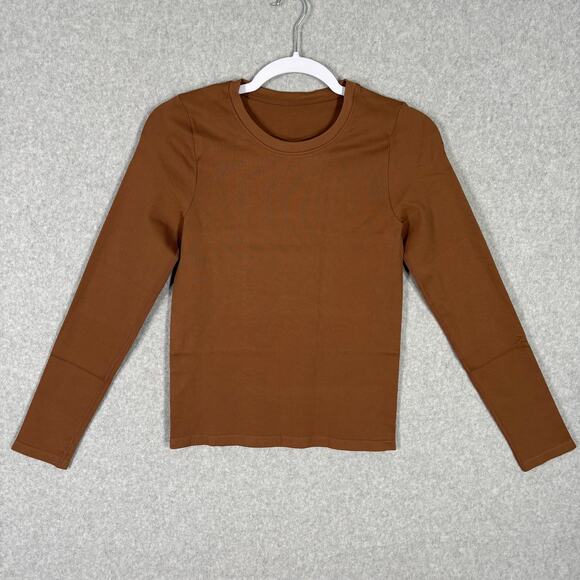 OQQ Shirt Womens Medium Brown Ribbed Basic Yoga Tight Base Layer Neutral Stretch - Picture 1 of 8